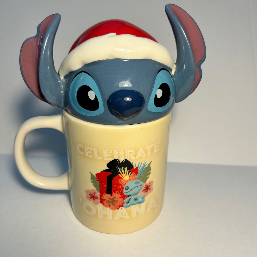 Disney Lilo & Stitch Celebrate Ohana Christmas Mug with Santa Hat Stitch Lid